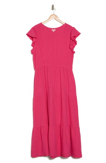 Maisie Flutter Sleeve Cotton Midi Dress In Hot Pink