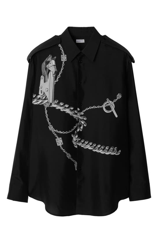 Shop Burberry Oversize Chain Print Silk Poplin Button-up Shirt In Black