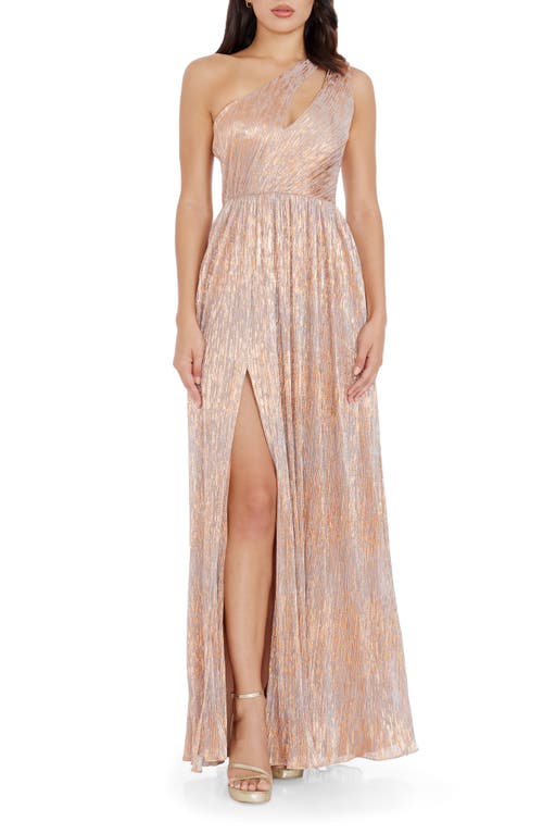 Dress the Population Kienna Metallic Cutout Detail One-Shoulder Gown Beige-Bronze at Nordstrom,