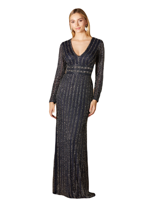 Shop Lara New York Long Sleeve Beaded Gown In Navy