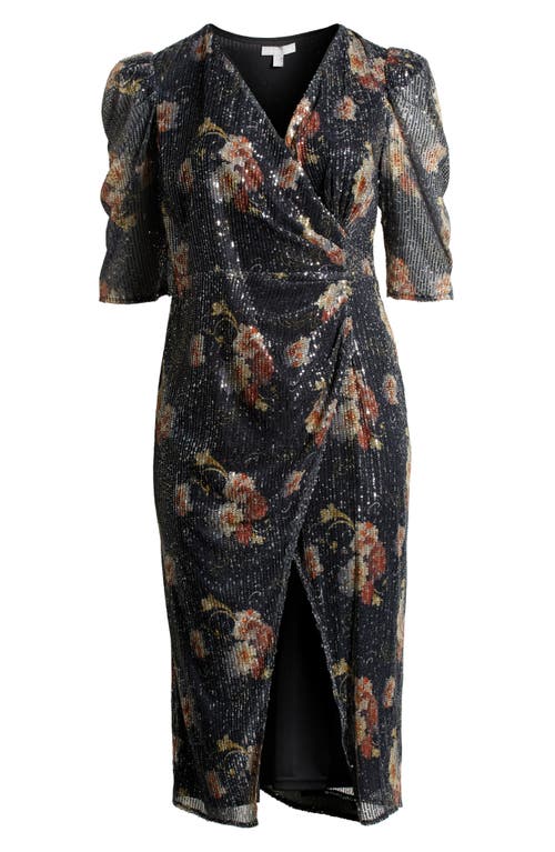 Shop Chelsea28 Sequin Print Wrap Midi Dress In Black Floral