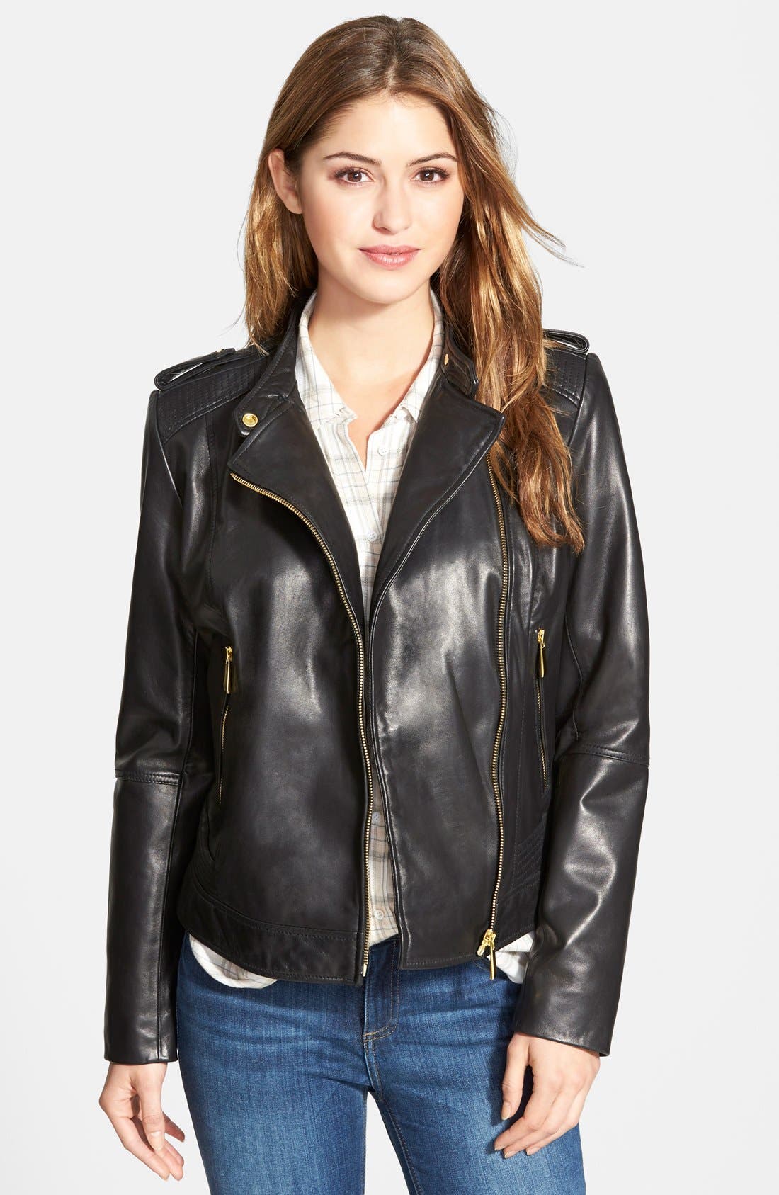 Bernardo Asymmetrical Zip Leather Moto Jacket (Regular & Petite