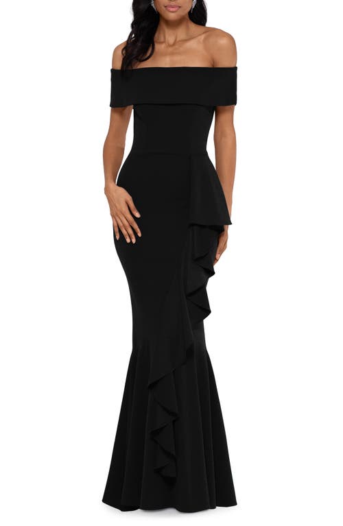 Betsy & Adam Cascade Ruffle Off the Shoulder Mermaid Gown Black at Nordstrom,