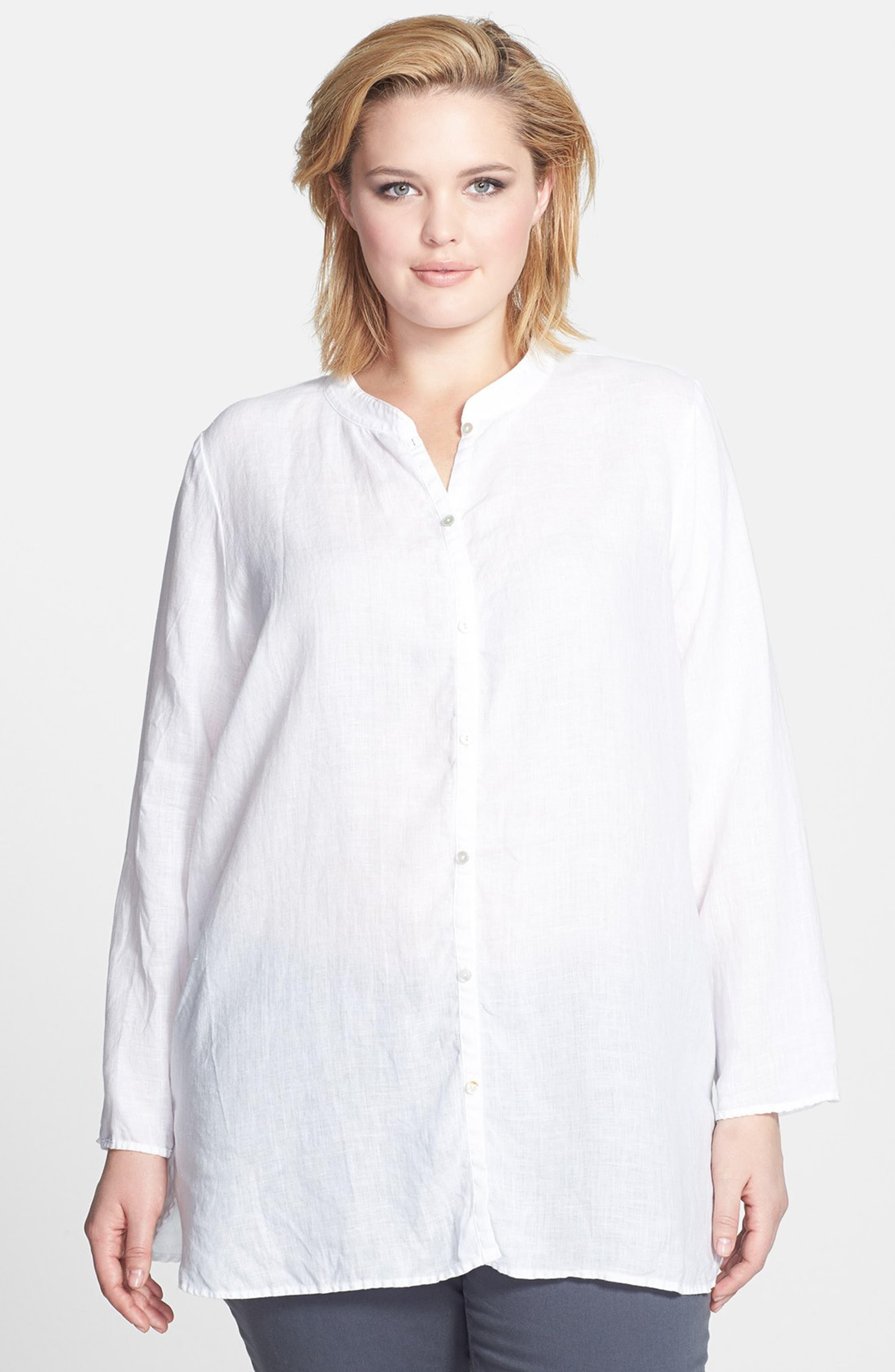 Eileen Fisher Mandarin Collar Linen Shirt (Plus Size) | Nordstrom
