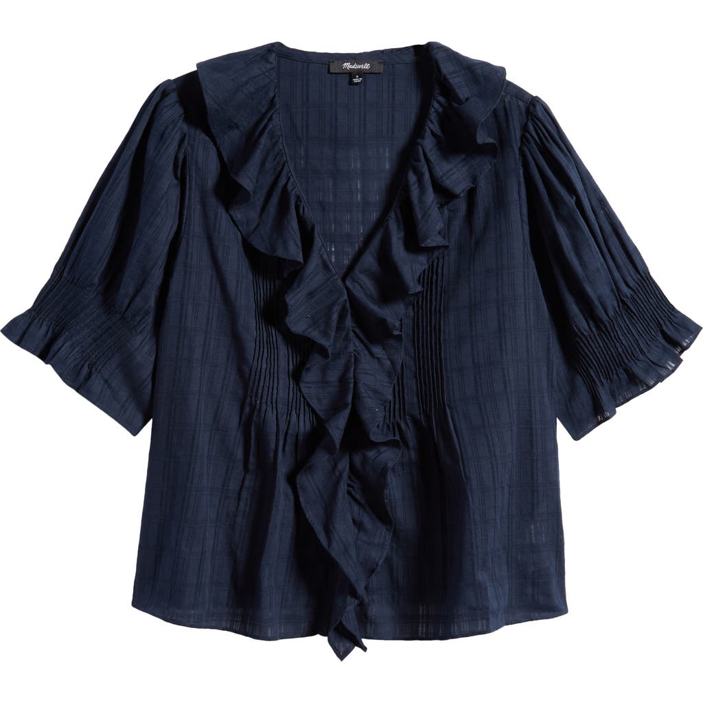 Shop Madewell Windowpane Plaid Ruffle Puff Sleeve Top In Navy