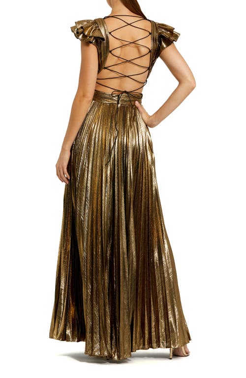 MAC DUGGAL MAC DUGGAL METALLIC LACE-UP BACK RUFFLE SLEEVE PLISSÉ GOWN 