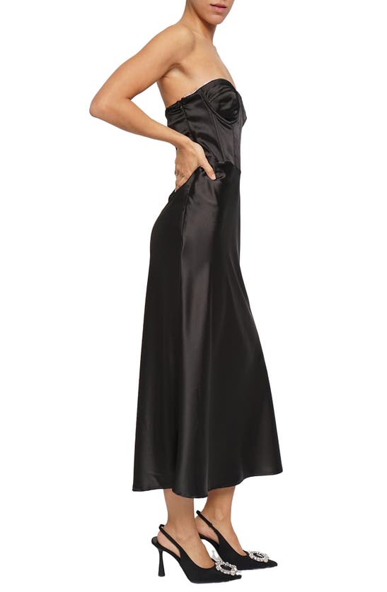 Know One Cares Strapless Satin Corset Midi Dress In Black