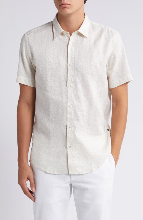 BOSS Liam Leaf Print Short Sleeve Stretch Linen Button-Up Shirt Open White at Nordstrom,