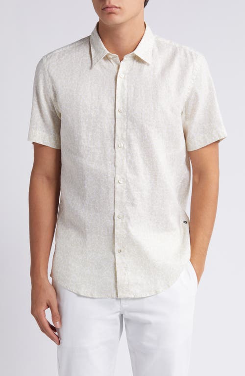 BOSS Liam Leaf Print Short Sleeve Stretch Linen Button-Up Shirt in Open White 