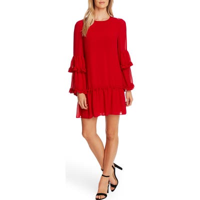 Cece Ruffle Chiffon Shift Dress, Red