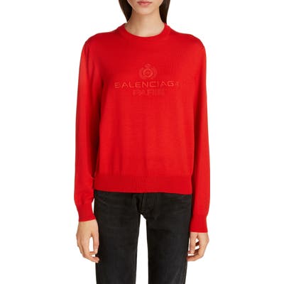 Balenciaga Logo Embroidered Wool Sweater, Red