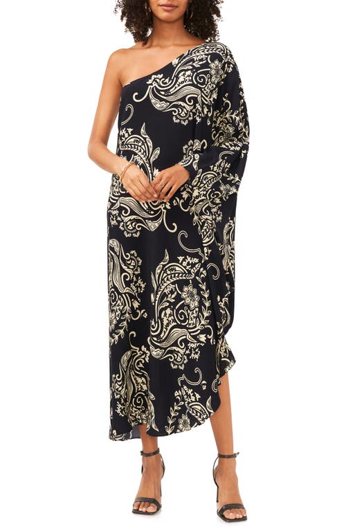 Vince Camuto Printed One-Shoulder Asymmetric Midi Dress Rich Black at Nordstrom,