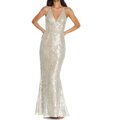 Dress The Population Sharon Lace Sequin Plunge Neck Mermaid Gown, Ivory