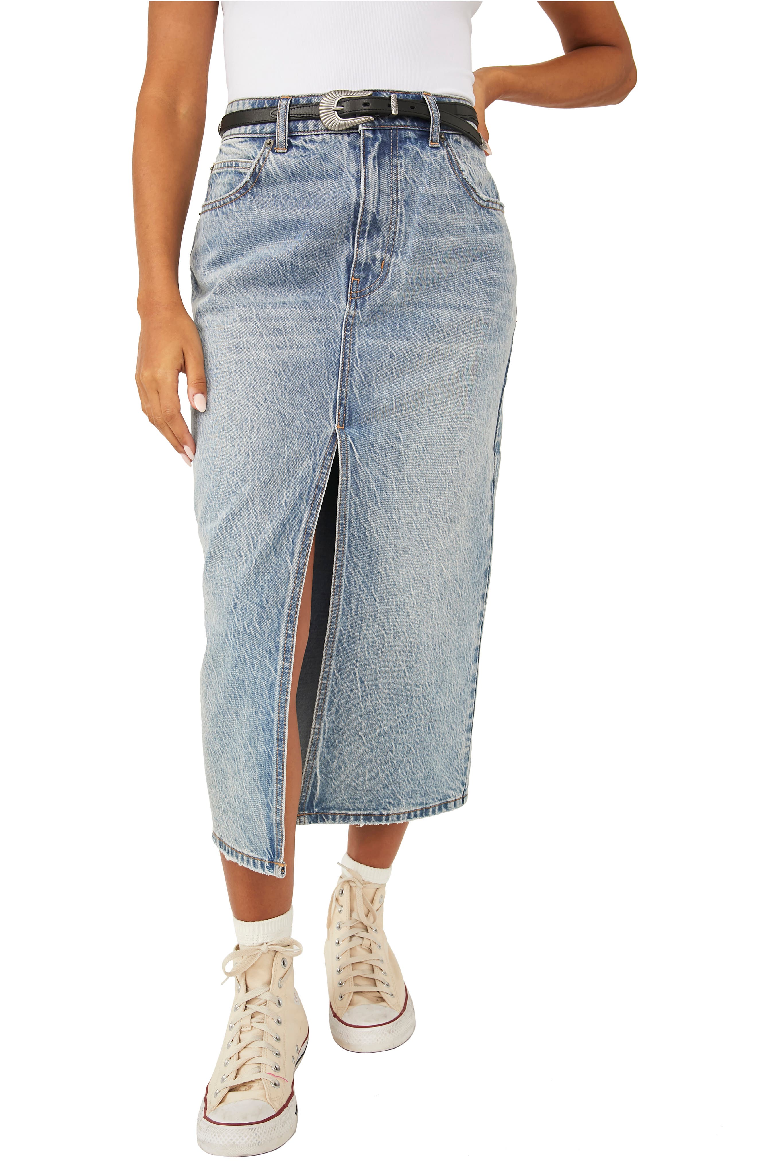 Free People Calabasis Denim Midi Skirt 