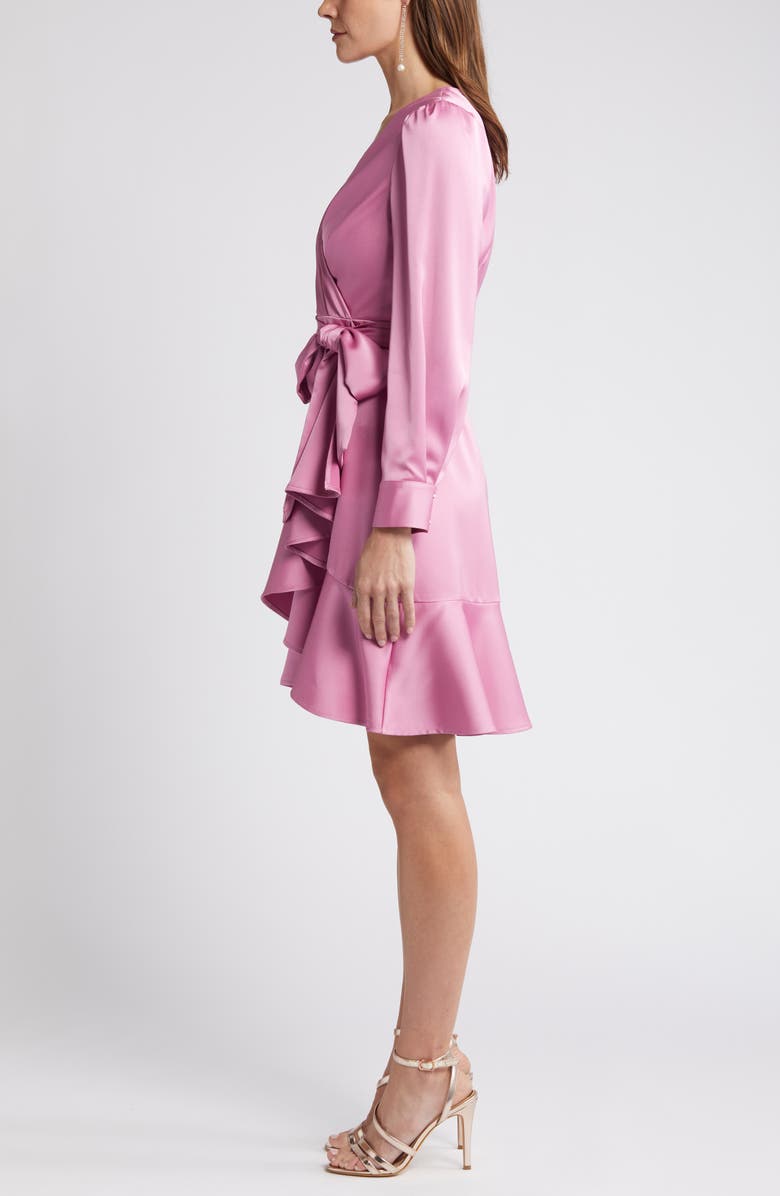 Tahari ASL Wrap Front Long Sleeve Satin Charmeuse Dress | Nordstrom