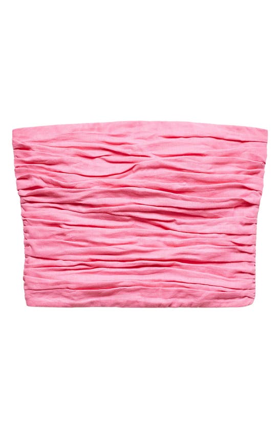 Shop Mango Margot Ruched Strapless Linen Crop Top In Pink