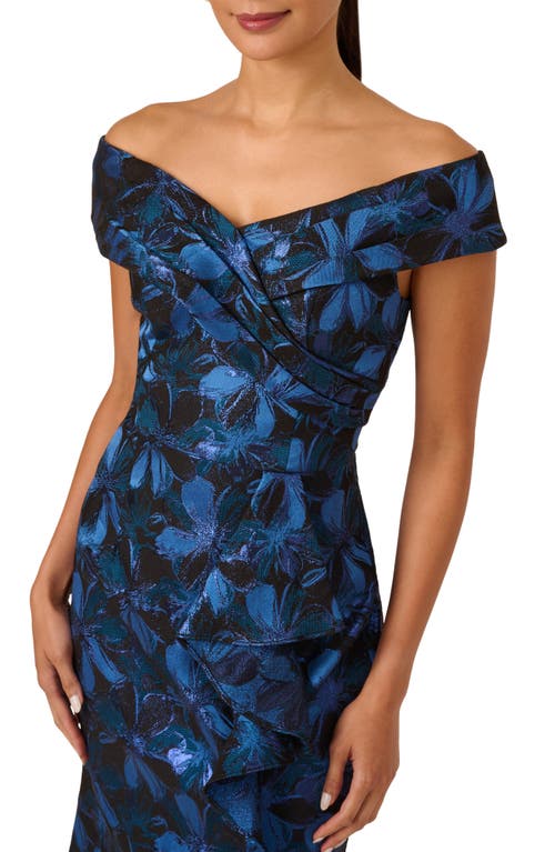 Shop Adrianna Papell Metallic Floral Jacquard Off The Shoulder Gown In Blue Multi