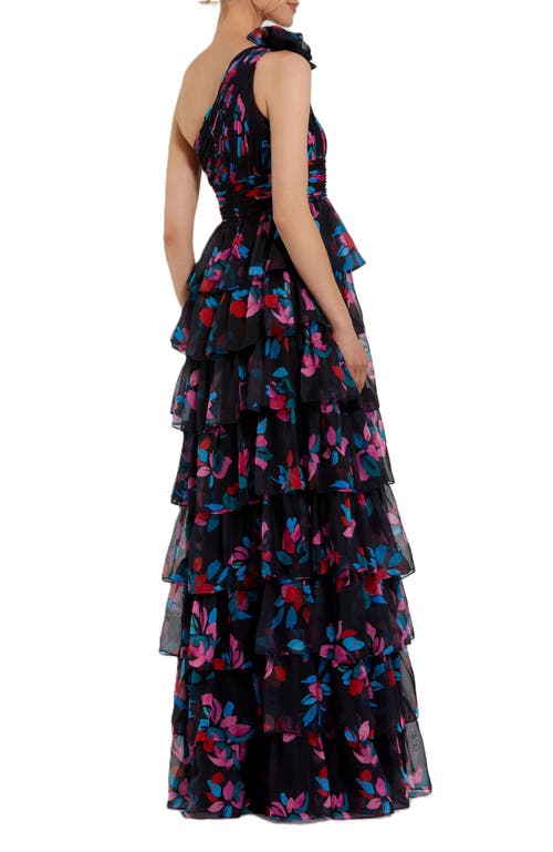 Mac Duggal One Shoulder Printed Chiffon Tiered Ruffle Gown In Black Multi