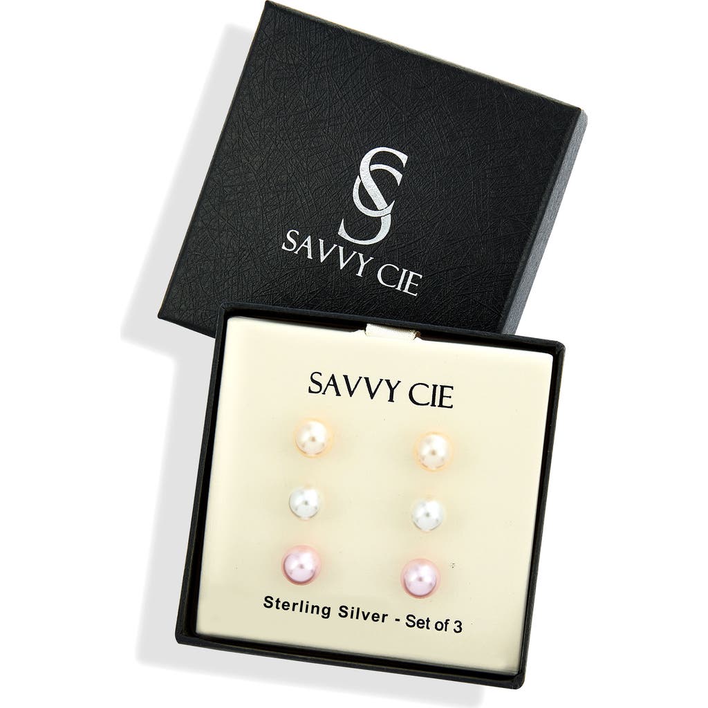 Savvy Cie Jewels Set Of 3 Mother-of-pearl Stud Earrings In Silver/pearl