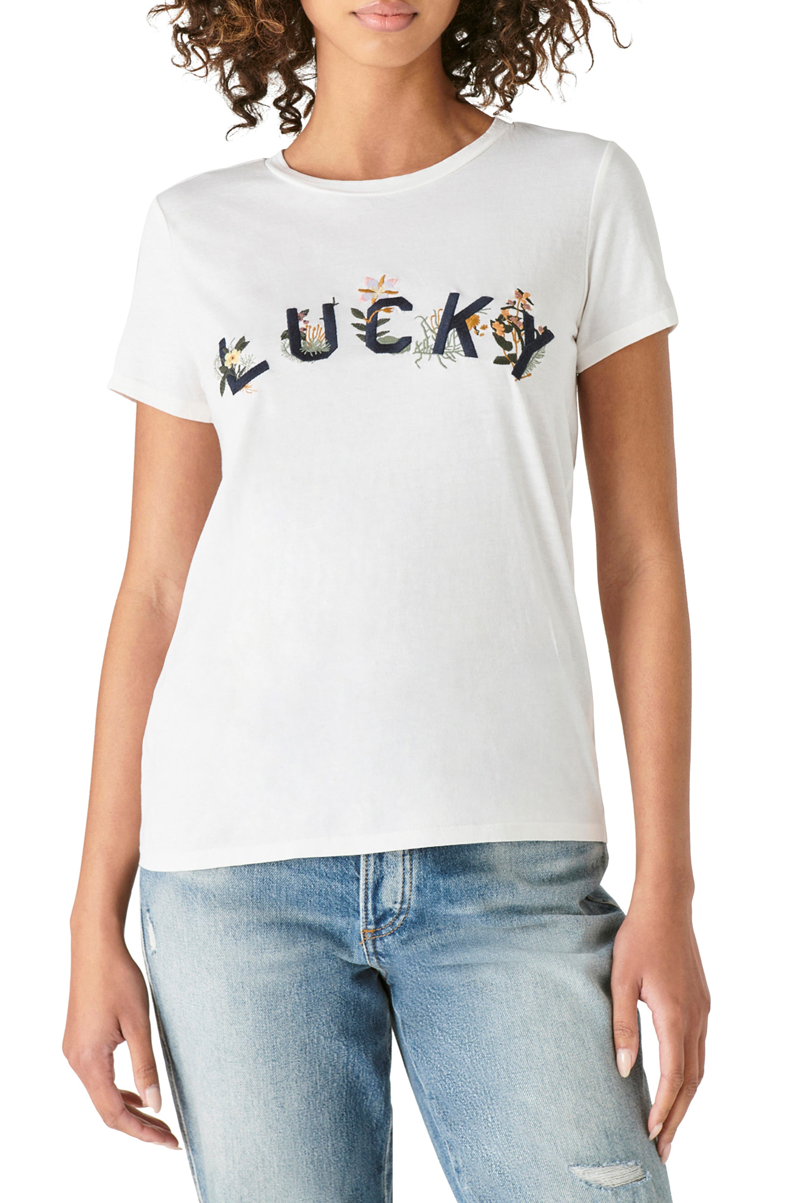 Lucky Brand Floral Embroidered Logo T 