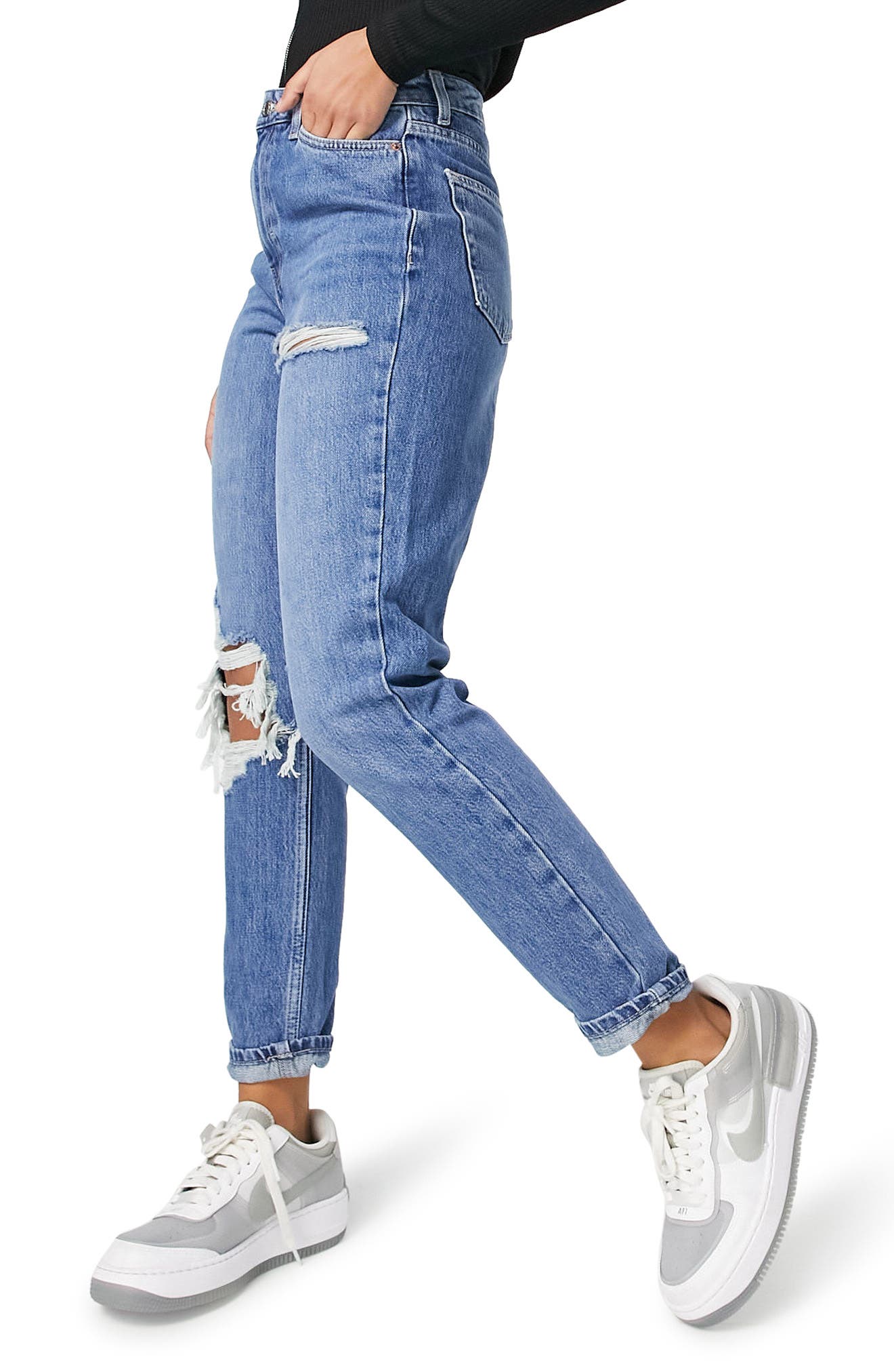 tall mid blue distressed mom jeans