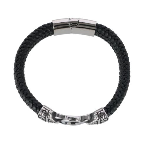 Shop Trafalgar Loose Fit Silver Interlock Pattern On Black Leather Bracelet