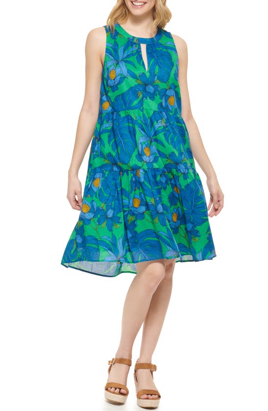 Tommy Hilfiger Gustavia Printed Tiered Sleeveless Dress In Green Multi
