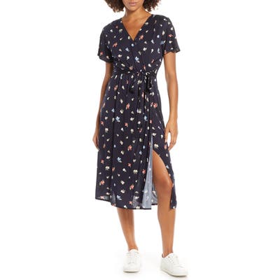 French Connection Roseau Meadow Floral Wrap Front Dress, Blue