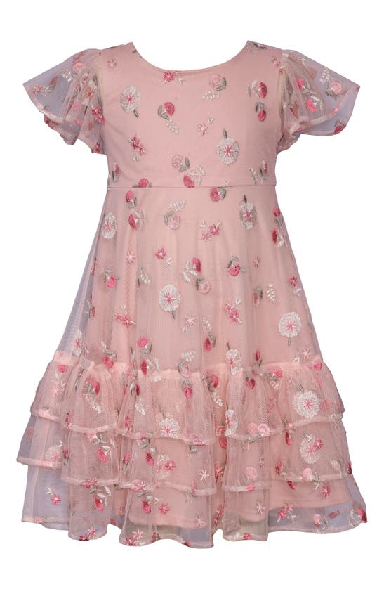 Shop Bonnie Jean Kids' Floral Embroidered Tiered Tulle Dress In Rose