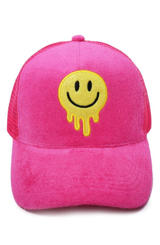 Shop David & Young Glitter Melting Smiley Embroidered Baseball Cap In Fuchsia