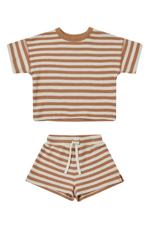 QUINCY MAE Stripe Organic Cotton Waffle T-Shirt & Shorts Set Clay-Stripe at Nordstrom, M