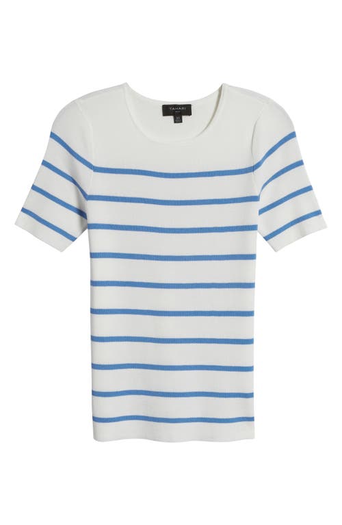 Tahari Asl Stripe Short Sleeve Sweater In Ivory Summer Sky