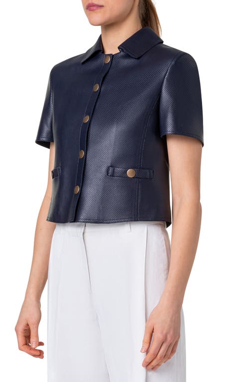 Shop Akris Punto Short Sleeve Perforated Lambskin Leather Crop Jacket In Ink