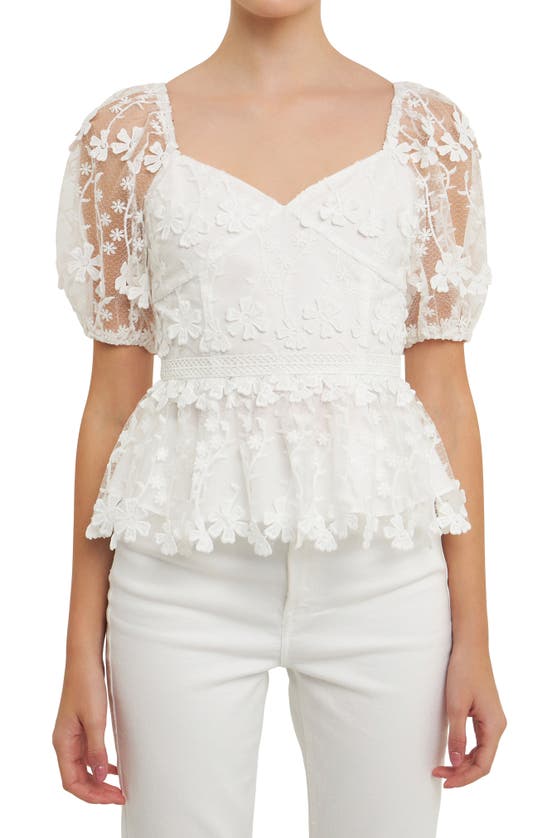 Shop Endless Rose Floral Lace Puff Sleeve Peplum Top In White