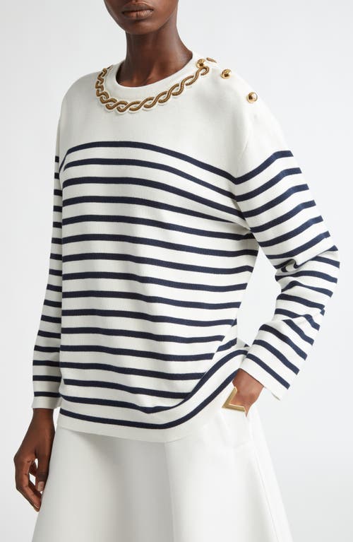 Shop Valentino Garavani Stripe Embellished Cotton Sweater In Navy/avorio