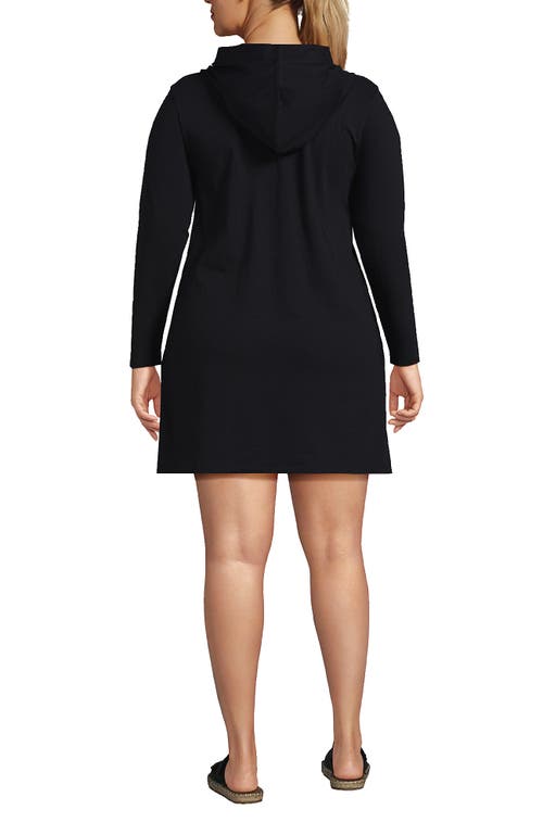 Shop Lands' End Plus Size Cotton Jersey Long Sleeve Hooded Swim Cover-up Dress In Black