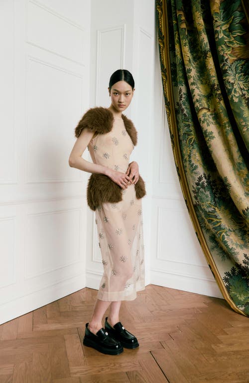 Simone Rocha Embellished Faux Fur-trimmed Tulle Midi Dress In Sheer Ivory/diamante/brown