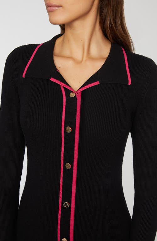 Shop Elie Tahari The Nadia Long Sleeve Button Front Sweater Dress In Noir W/pink Tipping