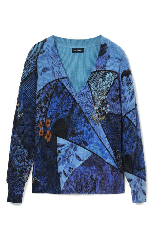 Shop Desigual Ocean Floral Print V-neck Sweater In Blue