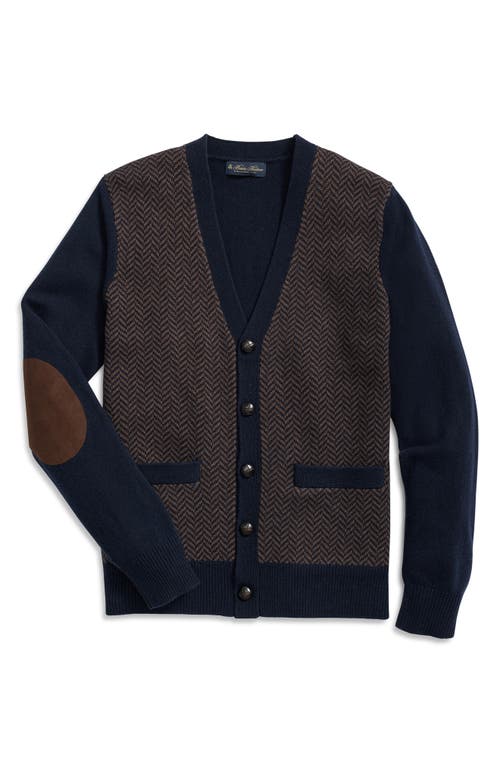 Brooks Brothers Herringbone Jacquard Wool Cardigan in Navy Brown Herringbone 