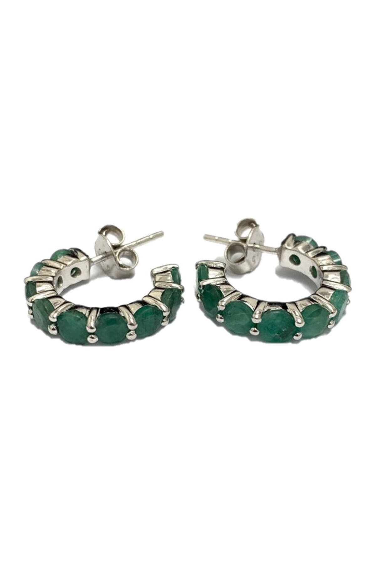 Forever Creations Usa Inc. Sterling Silver Shared Prong Set Emerald 25mm Open Huggie Hoop Earrings In White