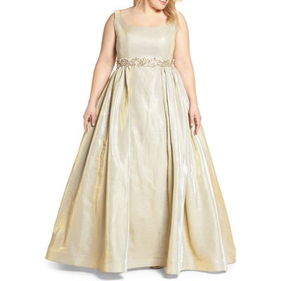 Plus Size MAC Duggal Jeweled Waist Metallic Evening Dress, Yellow