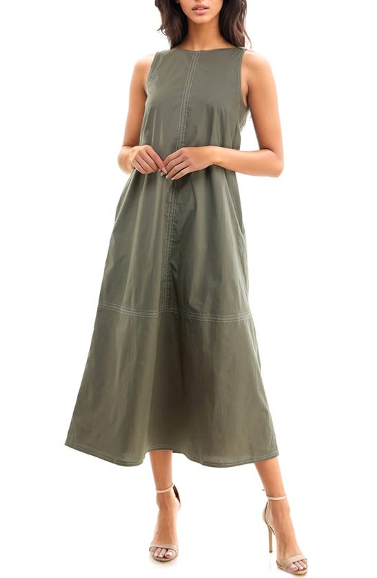Shop Socialite Seamed Stretch Cotton Midi Dress In Olive/ Ivory