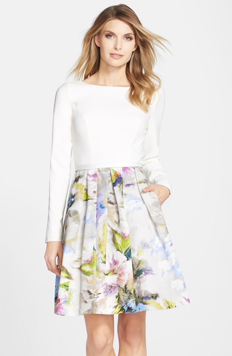 Theia Watercolor Print Skirt Fit & Flare Dress | Nordstrom