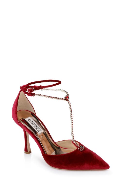 Zayna Embellished T-Strap Pointed Toe Pump in Ruby Red