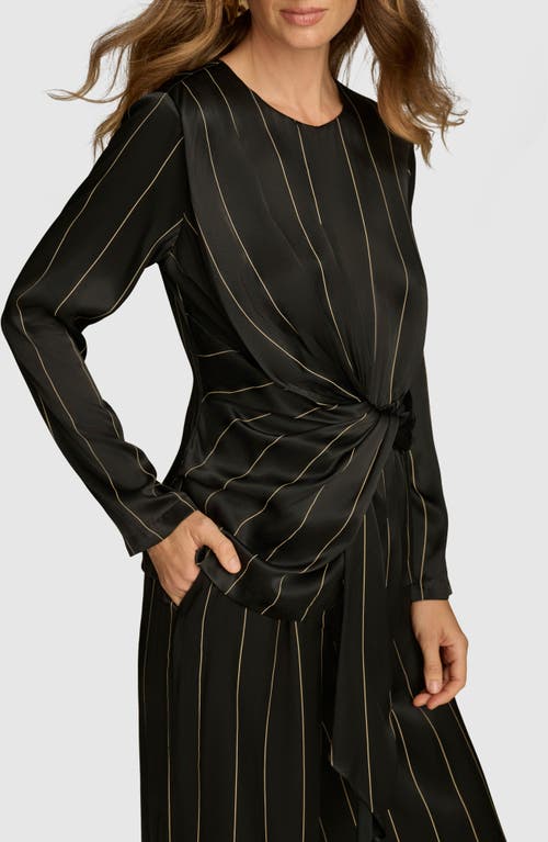 Shop Donna Karan New York Pinstripe Long Sleeve Tie Waist Satin Top In Black/ivory