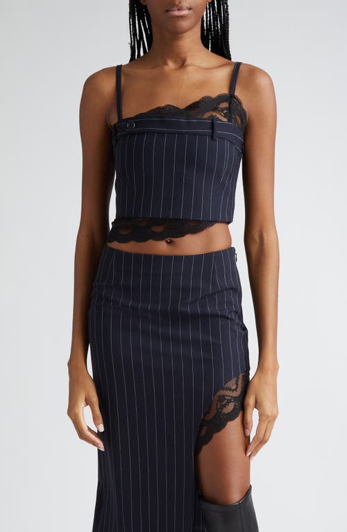 Deconstructed Pinstripe Lace Trim Wool Blend Crop Top in Midnight