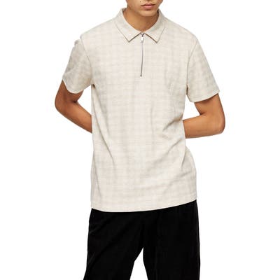 Topman Check Zip Polo Shirt, Beige