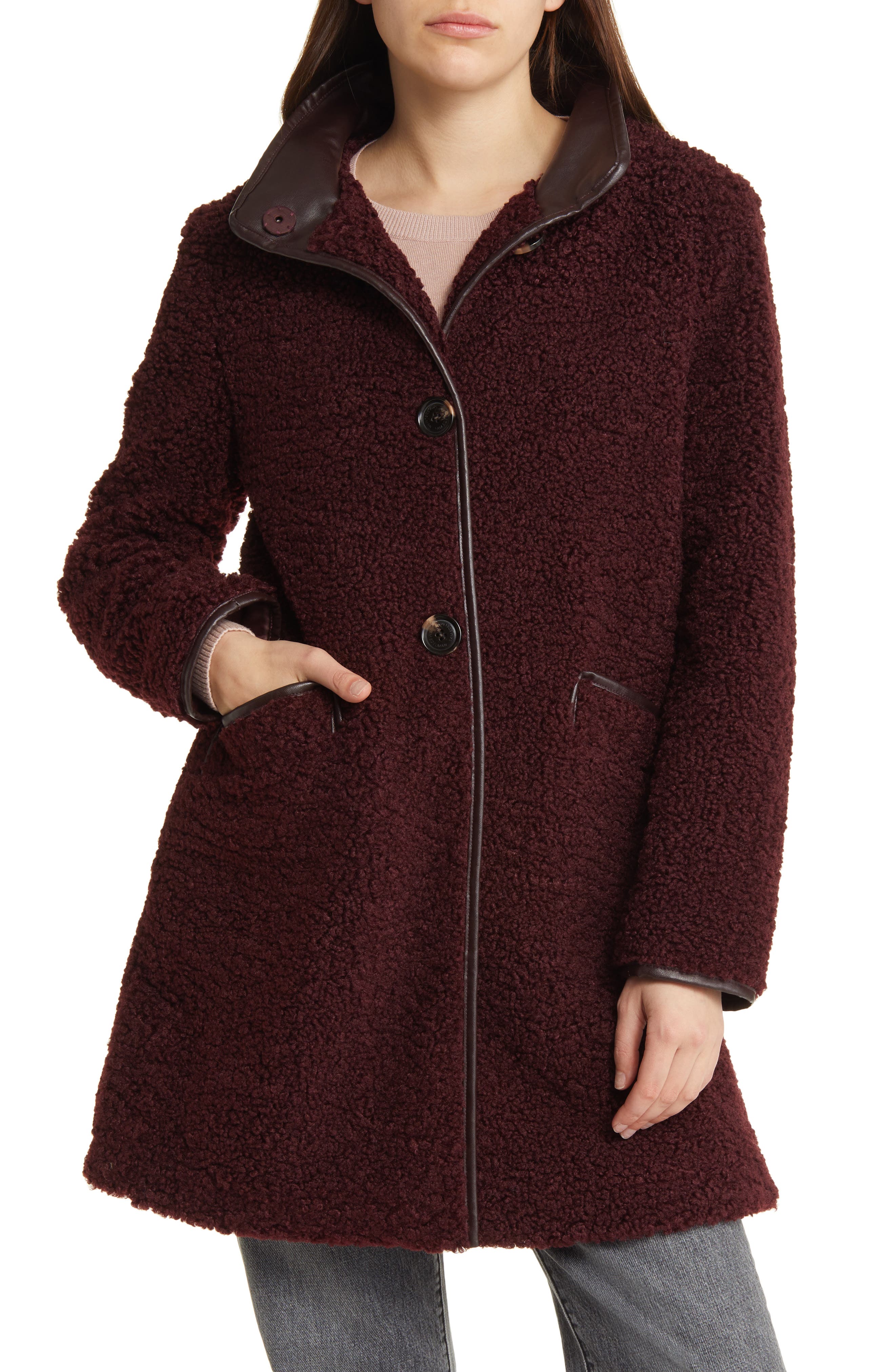 Sam Edelman Water Repellent Faux Fur Teddy Coat in Burgundy Smart Closet