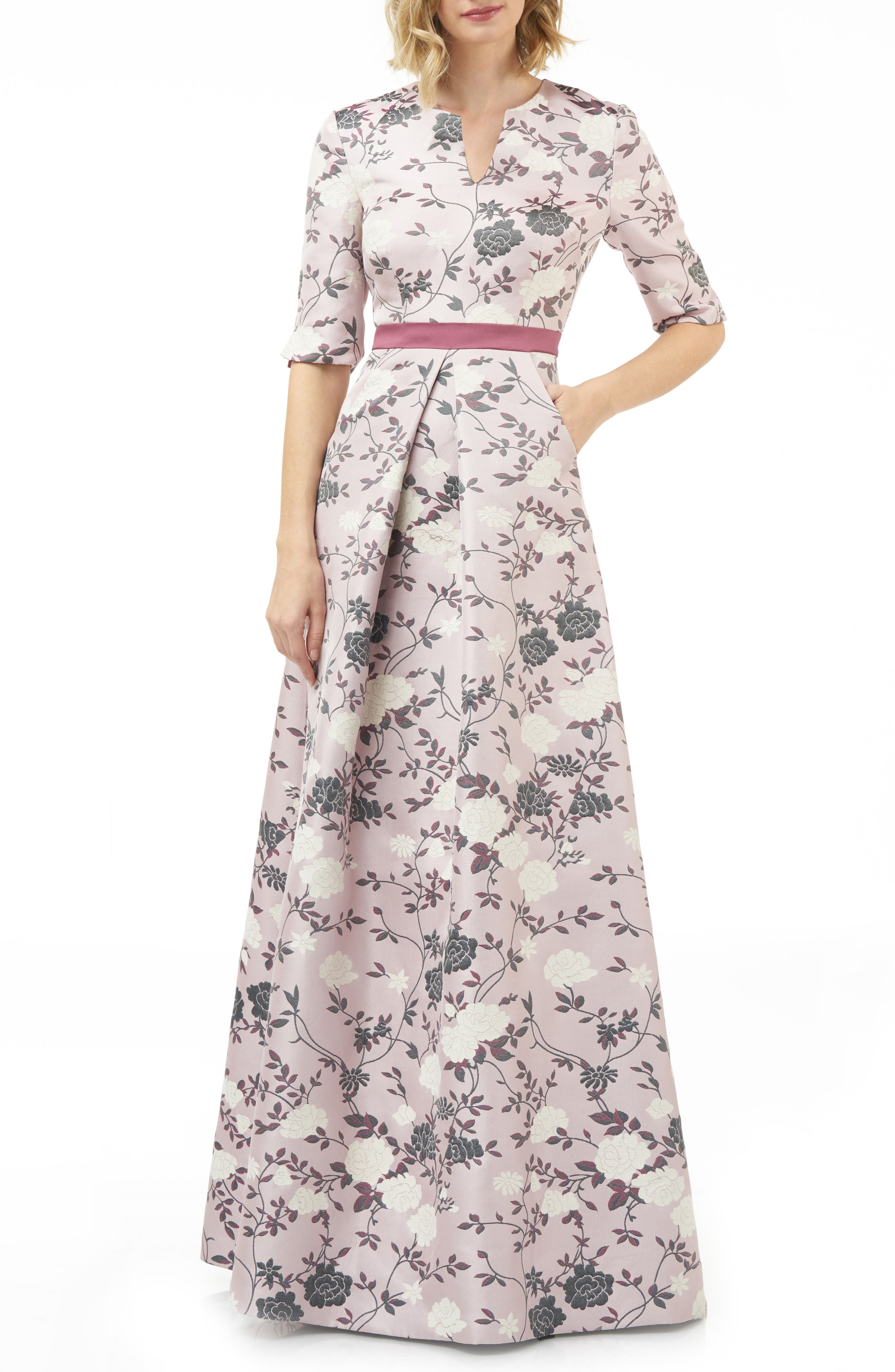 Kay Unger Flower Jacquard Gown, Pink